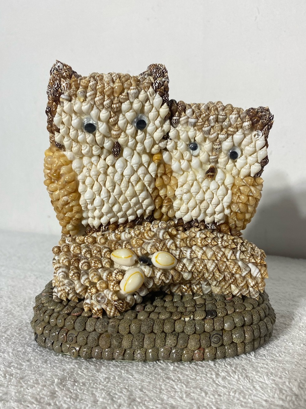 Vintage 70s Handmade Kitschy Sea Shell Owl Statue W Googly Eyes Cottagecore